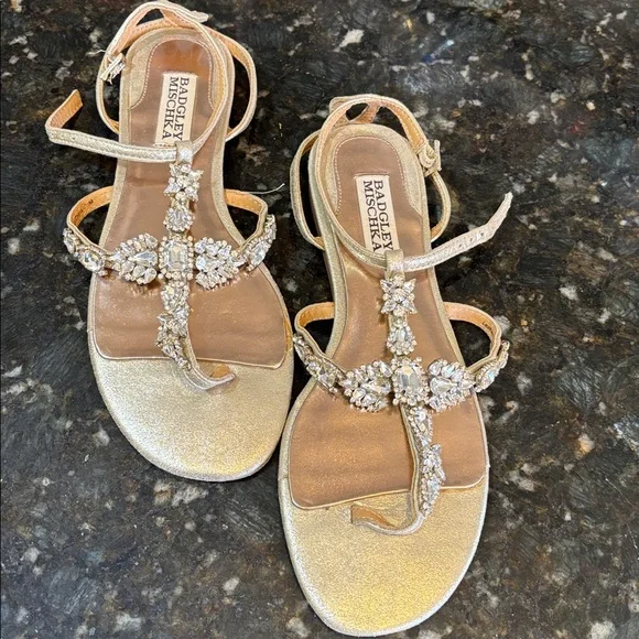 Badgley Mischka Crystal Embellished Gold Sandals - Picture 3 of 7